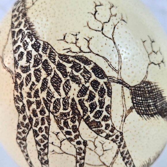 Hand Etched Giraffe on Ostrich Egg with Wooden Stand Home Office Collectible - Picture 5 of 13